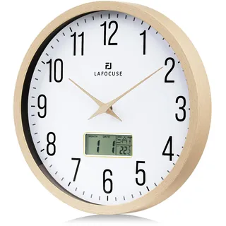 Lafocuse Lautlos Wanduhr mit Kalender Digital LCD, Vintage Wanduhr mit Datum Wochentag und Thermometer, Beige Analog Quarzuhr für Wohnzimmer Schlafzimmer Büro Küche 30cm