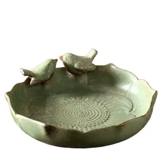 Vogeltränke Bird Bath Mit 2 Vögeln | Vogel Bad Tränke Vogelbecken Aus Keramik, Vogelbad Wetterfest Und Frostfest Rustikale Gartendeko Für Garten Terrasse Balkon Futterstelle, Rund Ø25.5cm