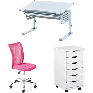 Inter Link Bundle Höhenverstellbarer Schreibtisch – Kinderschreibtisch –Grau/Weiß Kinderschreibtischstuhl - Pink - Bonnie Rollcontainer mit 6 Schubladen