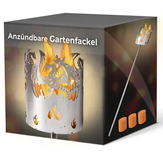 Gartenfackel für draußen Motiv Drache 3X Brennelemente - Holzspäne mit Wachs - Schwedenfackel Pelletfackel Feuersäule Flammschalen Wachsfackel Gartenleuchte