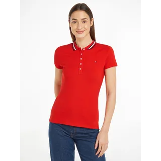Poloshirt TOMMY HILFIGER "SLIM GLOBAL STRIPE POLO SS" Gr. L (40), rot (fierce red) Damen Shirts Jersey Polokragen mit Kontraststreifen, kleine Knopleiste