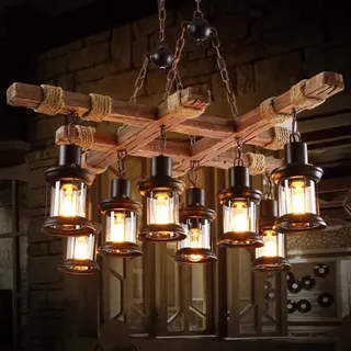 Pendellampe Retro Pendelleuchte Industrial Vintage Hängeleuchte Glas Holz Deckenleuchte 8 Lichter Loft Bar Esszimmer Landhaus Kronleuchter Antik Dekorativer Hängelamp Wohnzimmer Steampunk-Stil