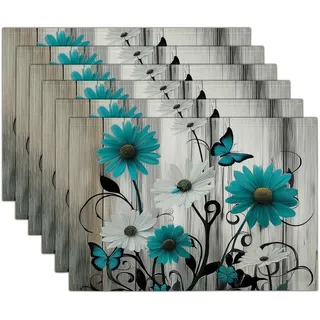Tischsets Platzsets,Tischset Landhausstil,2er Set Türkis Platzsets Abwaschbar,Holzbrettchen Gänseblümchen Schmetterlingsmotiv Baumwolle Leinen Tischsets Für Partys,Küche Deko Tisch (45X30Cm)