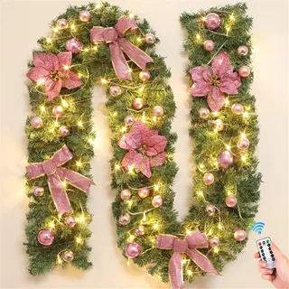 Treer Weihnachtsgirlande mit Beleuchtung, Tannengirlande Batterie Remote 8 Modus Lichterkette Weihnachten Dekoration für Innen und Außen Verwendbar (Warmweiß,Rosa)