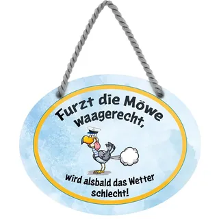 Furzt die Möwe Hängeschild - Metallschild mit Kordel und Saugnapf - lustiges Blechschild für Ostsee Nordsee Fans - Dekoration für Küche Strandkorb Balkon Terrasse Boot - 18x12cm