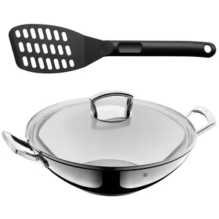 WMF Wok mit Glasdeckel 36 cm und Pfannenwender 31 cm, Set silberfarben