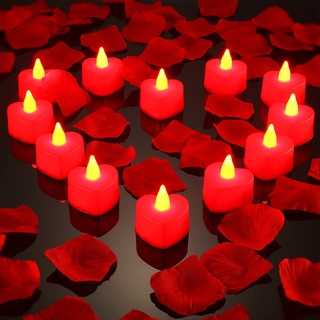 12 Stück Herz Form LED Teelicht Kerzen Liebe LED Kerzen mit 200 Stück Seide Rosenblätter Mädchen Künstliche Blütenblätter für Valentinstag Hochzeit (Rotes Licht, Rotes Blütenblatt)