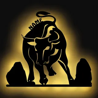 Namofactur Stier Deko-Figur Holz Wand-Lampe Sternzeichen Dekoration Geschenke mit Namen personalisiert I Batteriebetrieben