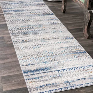 Mazovia Teppich Läufer Flur - Modern Teppichläufer – Kurzflor, Weich - für Vorzimmer Eingangsbereich Schlafzimmer Küche Korridor - Abstrakt Muster - 70 cm Breite Grau Blau 70 x 400 cm