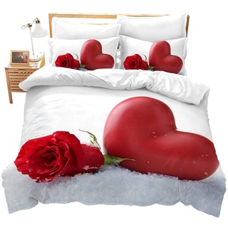FANSU Bettwäsche Set Mikrofaser Schlafzimmer Bettwäsche-Set, Rose Blumen Drucken 3D Bequemer Kissenbezug Bettbezug mit Reißverschluss Schließung (180x220cm,Liebesherz)