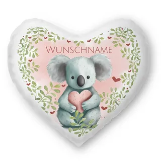 Print Royal PR Herzkissen mit Namen Personalisieren - Koala Kissen mit Namen - Geschenke für Tochter, Namenskissen, Personalisierte Geschenke mit Tieren | inkl. Füllung, Weiß, 40 x 44 cm