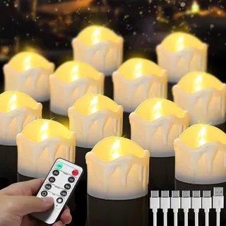 daphomeu 12 Stück LED Teelichter Wiederaufladbar mit Fernbedienung und Timer, Warmweiße Flammenlose Elektrische Kerzen – USB-Aufladbar für Hochzeiten, Weihnachten, Halloween, Home Dekoration