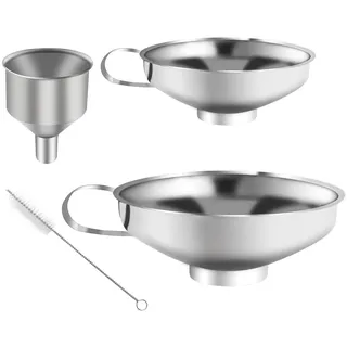 4 Stück Trichter Edelstahl Set, Marmeladentrichter, Einmachtrichter aus Edelstahl, Einfülltrichter mit Griff, zum Umfüllen von Gewürzen, Flüssigkeiten, Pulver, Bohnen, Konfitüre (3 Größen, 1 Bürste)