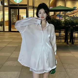 Frühling Sommer Dünne Seidenbluse Damen Pure Desire Style Perlmutt Durchsichtige Hemden Koreanisches Weißes Sonnenschutzhemd-Weiß-L