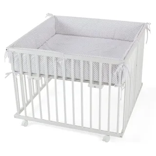 Waldin Laufstall Baby Laufgitter Laufstall ca. 100x100 cm, BUCHE MASSIV, verstellbar grau