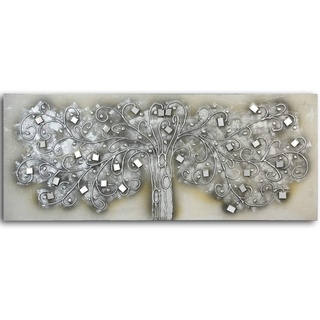 DRW Holzbild mit Baum in Silber und Spiegeln, 150 x 60 x 3,5 cm