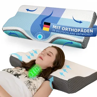 IDEA Kopfkissen Nackenschmerzen, Ergonomisches Orthopädisches Kissen Nackenkissen, Memory Foam Kissen für Seiten, Rücken& Bauchschläfer, Antischnarchkissen für Männer Frauen (62 * 34.5 * 12/8CM)
