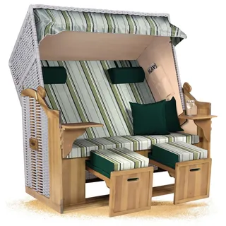 Strandkorb Hanse Ostsee XXL 2,5 Sitzer Volllieger Weiß 150cm breit, ideal für Garten, Terrasse und Balkon (Grau Weiß Hellgrün, Montiert)