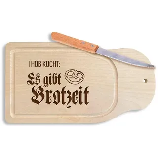 Bavariashop Brotzeitbrett „I hob kocht“, Ahornholz mit Messer | Schneidebrett und Vesperbrett mit eingebranntem Spruch, unbehandelt, ca. 28 x 15 cm, Geschenk für Brotzeit-Fans