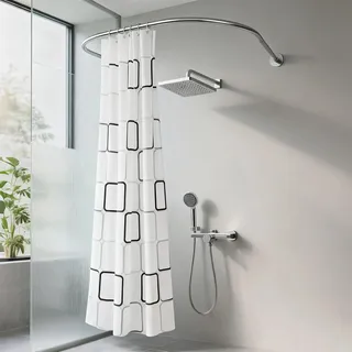 PBTERDTF Duschvorhangstange U Form Edelstahl Duschvorhangstange Ohne Bohren 90-130 cm Verstellbare Ausziehbar Duschstange Dusche Vorhangstange Ecke für Dusche Badewanne Badezimmer
