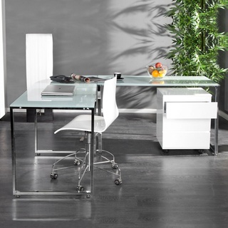 cagü: Design Glas-Eckschreibtisch Schreibtisch [MANHATTAN] Weiß mit Chromgestell 180cm x 160cm - Beidseitig aufbaubar!