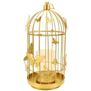 Online-Fuchs Windlicht Kerzenständer im goldenen Vogelkäfig mit Schmetterlingen verziert - (43 cm groß -, Kerzenhalter in Gold), Deko für Frühling und Sommer goldfarben