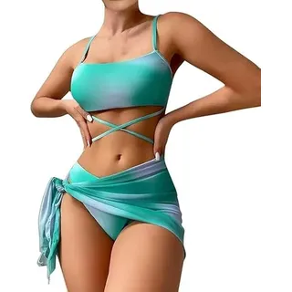 fdsmall Women's Bikini Set Low Waist String Triangle Bikini with Skirt 3 Piece Bikini Swimsuit Tie Dye High-Cut Swimwear Swimming Trunks - S