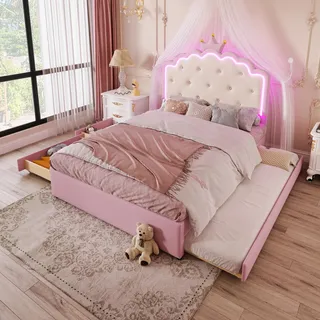 Merax Kinderbett 140x200, Polsterbett für Mädchen Kronen-Doppelbett mit LED-Streifen, Bettrahmen mit Lattenrost, Ausziehbett und 2 Schubladen (ohne Matratze), aus PU-Leder, Rosa