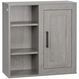 kleankin Badezimmerschrank Wandschrank mit 1 Schrank und 3 Regalen Mehrzweckschrank mit verstellbaren Regalebenen Aufbewahrungsschrank Badschrank Spanplatte Grau 48 x 20 x 50 cm