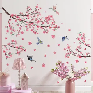 Kirschblüte Baum Zweig Wandaufkleber, Rosa Blume Vögel Wandaufkleber, Schlafzimmer Wohnzimmer Sofa TV Hintergrund Wanddekoration