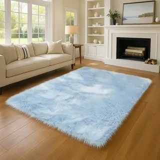 Wokuaile Hochflor Teppich Wohnzimmer Flauschig Fellteppich Shaggy Kunstfell Waschbar Weich Modern Teppich für Schlafzimmer Kinderzimmer Blau, 75 x 120 cm