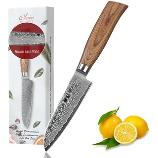 Wakoli EDIB Pro Premium Santoku Messer klein mit Klingen Gravur mit 11 cm Klinge gefertigt aus 67 Lagen echtem Damaststahl mit Pakkaholzgriff I Damastmesser Küchenmesser und Profi Kochmesser