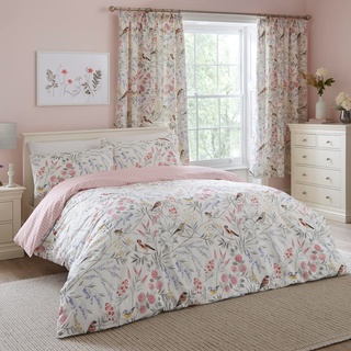 Dreams & Drapes Bettwäsche-Set mit rosa Blumen und Vögeln, Einzelbettgröße (140 x 200 cm), Frühlingsgarten-Blumen-Bettwäsche, wendbares Design, weicher rosa Bettbezug