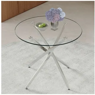 ANYSUN Esstisch Runder Esstisch aus gehärtetem Glas,Couchtisch φ88 cm (Moderner schlichter Esstisch,Metallgestell,Couchtisch, Frühstückstisch), geeignet für kleine Essbereiche. Für 2–4 Personen. silberfarben