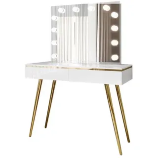 ALLHOUSE24 Schminktisch PEONY V GOLD Füße Kosmetiktisch Weiß Glanz Spiegel LED Lampen BERLIN (1x Konsolentisch, 1x Spiegel mit 12 LED Lampen), Breite 102 cm weiß