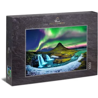 Ulmer Puzzleschmiede - Puzzle „Berg & Licht“ – Klassisches 1000 Teile Puzzle – Puzzlemotiv der Polarlichter über dem berühmten Kirkjufell-Berg - Landschaft unter Nordlichtern in Island