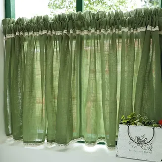 Ricemru Grün Scheibengardinen Bistro Leinen Häkelspitze 50 Hoch,Bistrogardine Halbtransparent Modern Küche,Küchegardine Kurzstore Gardine Fenstervorhang Wohnzimmer,150x50cm
