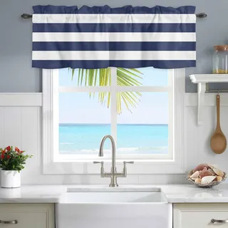 Fenstervolant mit Stangentasche, maritimes Motiv, kurzer Vorhang mit Volant, Küche, Bedruckte Vorhänge für Fenster, Schlafzimmer, Badezimmer, Wohnzimmer, einfach, Marineblau und weiße Streifen