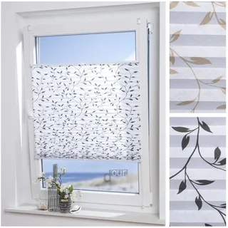 ourdeco® Plissee Filigran / 75 x 130 cm (Breite x Höhe) / Stoff: weiß, Muster: schwarz/lichtdurchlässig, gedrucktes Motiv Blätter