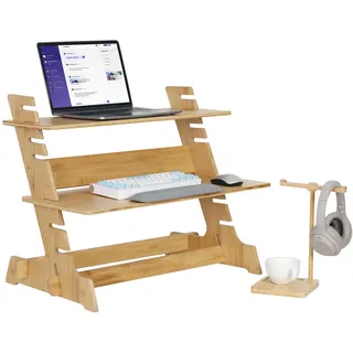 FATIVO Schreibtisch Stehpult Holz Höhenverstellbar: Schreibtisch mit Stauraum höhenverstellbare Computertischaufsatz Stehpult Laptopständer doppel Etagen mit Kopfhörerhalter