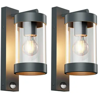 ledscom.de 2x Außenwandleuchte LAIFA anthrazit matt, PIR Bewegungsmelder + Dämmerungssensor, Glas/Edelstahl, inkl. E27 Lampe, Energieeffizienzklasse A (warmweiß, 4,2W, 958lm)