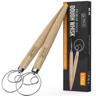 ORBLUE Premium Dänischer Teigbesen – Niederländischer Schneebesen mit Edelstahlring – Dänischer Schneebesen für Brot-, Gebäck- oder Pizzateig, 33 cm, 2er-Pack