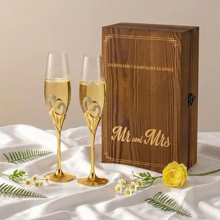Inweder Gold Sektgläser für Hochzeit, mit Holz-Geschenkbox, 2 Stück | 200 ml Fassungsvermögen, Bleifreies Kristallglas, Metallstiel, für Verlobung, Jahrestag, Brautparty, Brautpaar, Anstoßen