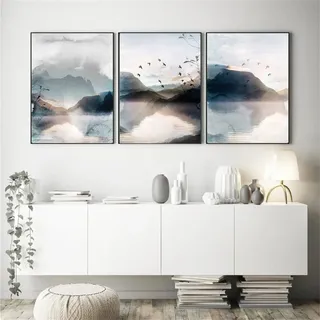 Herfair Bilder Wohnzimmer, 3er Poster Set Landschaft Wandbilder Abstrakt Berg Wasser Aesthetic Kunstdruck Leinwandbild, Ohne Rahmen Wanddeko Poster Schlafzimmer (40 x 50 cm)
