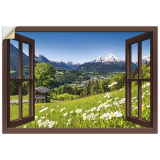 Wandbild ARTLAND "Fensterblick Bayerischen Alpen" Bilder Gr. B/H: 100 cm x 70 cm, Wandaufkleber - Vinyl Berge Querformat, 1 St., braun Kunstdrucke als Alubild, Leinwandbild, Wandaufkleber oder Poster in versch. Größen