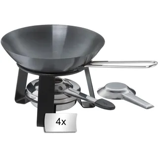 Kela Mini-Woks mit Rechaud 4er Set JOY, Ø 18 cm - Stahl - Edelstahlgriff - mit Pastenbrenner - 4er Set
