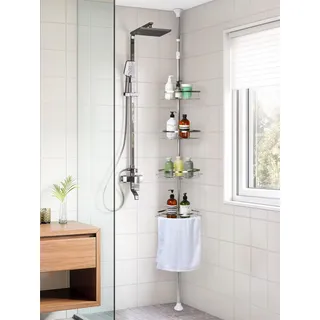 Bamodi Aluminium Regal Bad - Teleskop-Eckregal - Eckregale Dusche - Schwebende Aufbewahrungslösung Regale - Rostfrei - Ohne Bohren - 31x22x31 cm - Schwarz