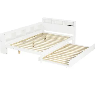 OKWISH Funktionsbett Holz Weiß 217x146,5x80 cm, Liegefläche 120x200 cm, mit Ausziehbett 90x190 cm, Stauraumregal, Kopfteilablage und Ladestation