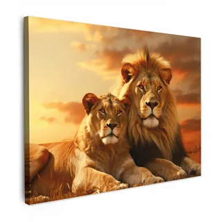 OnlyWow© Outdoor Wandbild 100x70 cm Leinwand Für Draußen Gartendeko Terrasse Leinwandbilder Balkon Wandgemälde Deko Wetterfest Wall Art Löwen - Sonnenuntergang - Afrika - Savanne - Tiere
