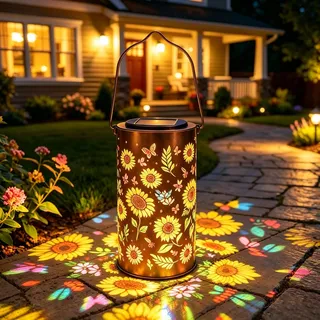 Solarlampen für Außen, Sonnenblumen Solarlampen für Außen Hängend, Metall Solarlaterne mit Bunte Sonnenblumen Silhouetten, IP65 Wasserdicht Solar Laterne für Außen Garten Terrasse Hof Balkon (F)